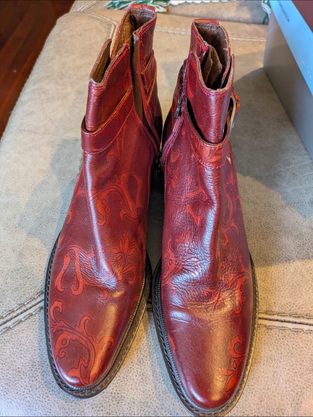 Italian Made Donald J Pliner Red Embossed Leather Ankle Boots